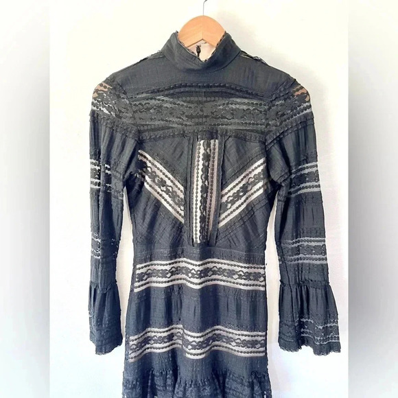 Parker Nadia Black Lace Long Sleeve Ruffle Cuff Mini Dress Size 2 - Picture 3 of 13